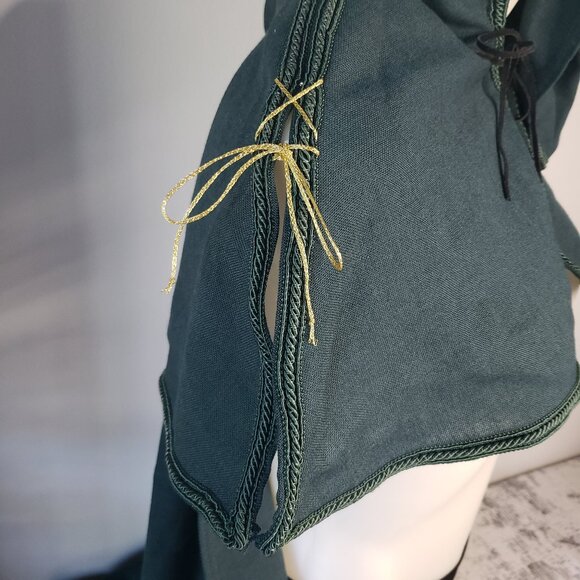 Large Linen Like Dark Green Hooded Medieval Cape w Gold Lacing Details - Picture 5 of 12